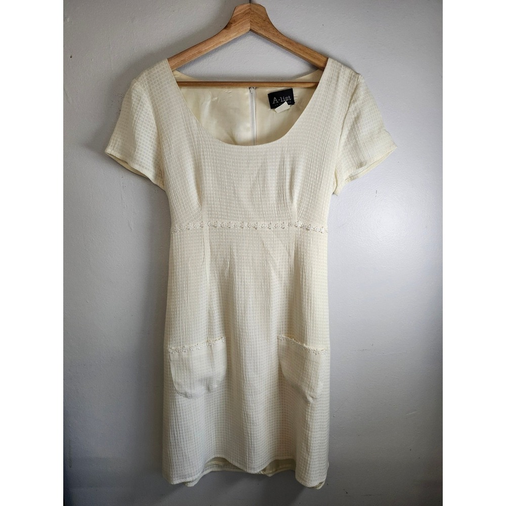 Vtg 90s Y2K A-List by Wrapper Dress Junior 9/10 Fits Small Cream Waffle Knit Mod - Picture 2 of 16